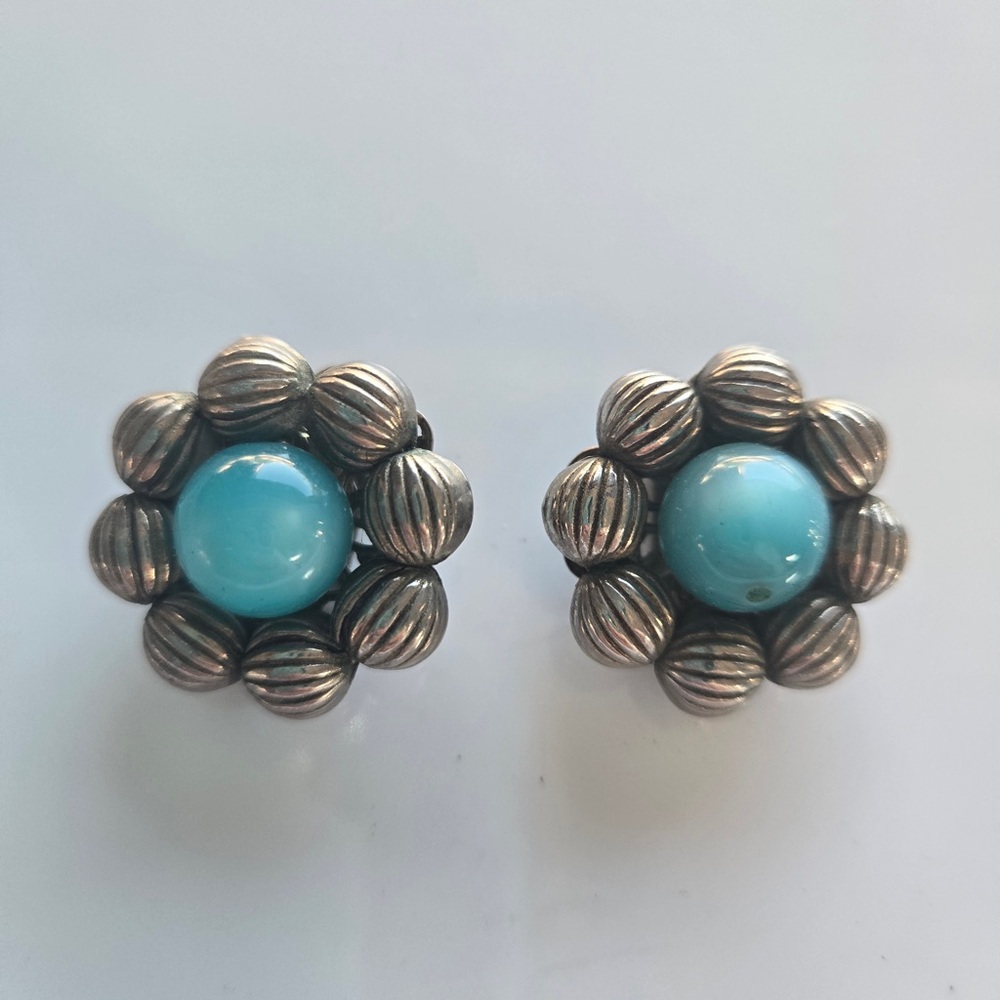 Vintage Turquoise Cluster Clip-On Earrings | Silver Tone Statement